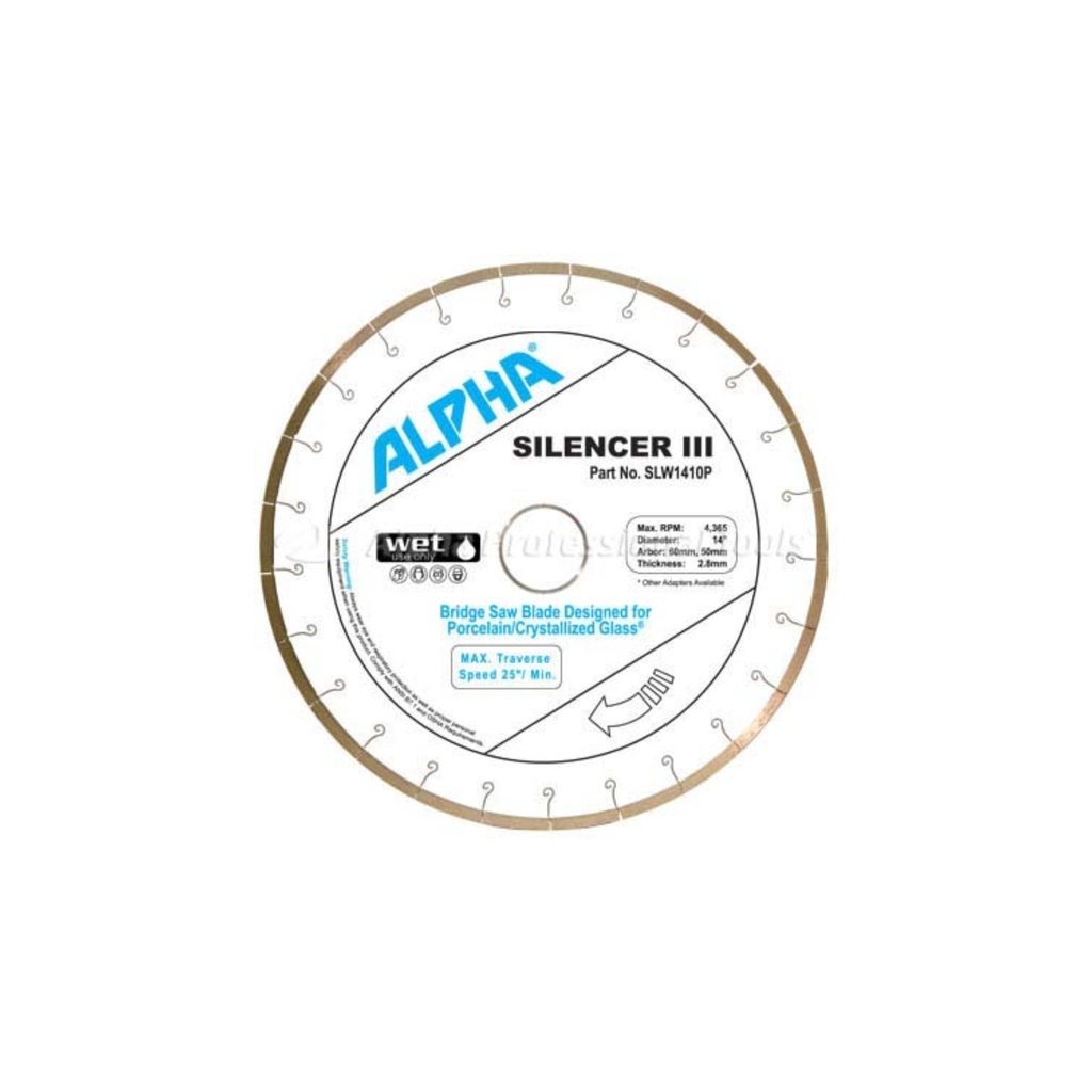 Alpha 16" Silencer III Premium Bridge Saw Blade for Porcelain Slab and Crystallized Glass