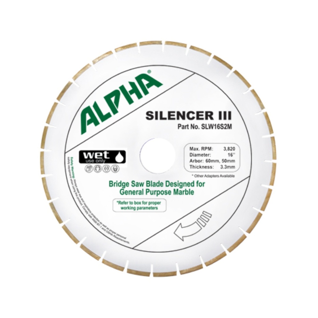 Alpha 16" Silencer III Premium Bridge Saw Blade for Marble